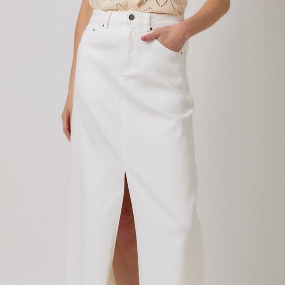 MYSTREE White Denim Maxi Skirt, Front Slit, Raw Hem - Picture 1 of 6